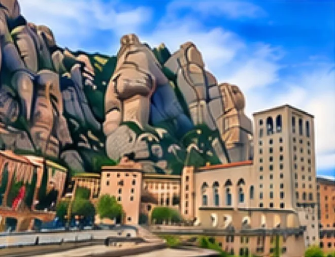 Montserrat Monastery beneath the jagged peaks of the Montserrat mountains